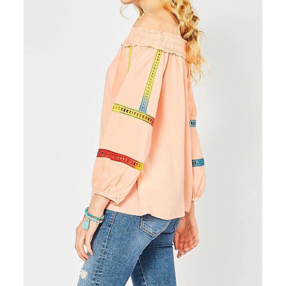 NEW ENTRO off the shoulder crochet top in peach - Picture 4 of 8